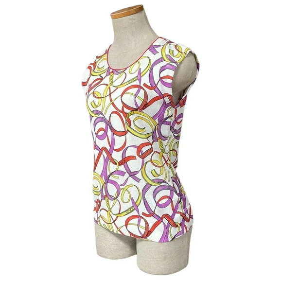 Escada Sport Top Ribbon Print Shirt Knit Open White Colorful Size Small S - Picture 3 of 17